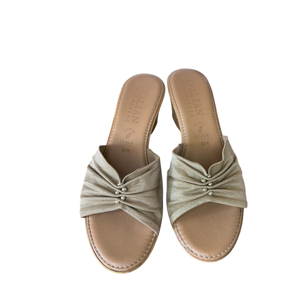 Italian Shoemakers Gold Metallic Ruched Wedge Sandals Made in Italy Size 8M